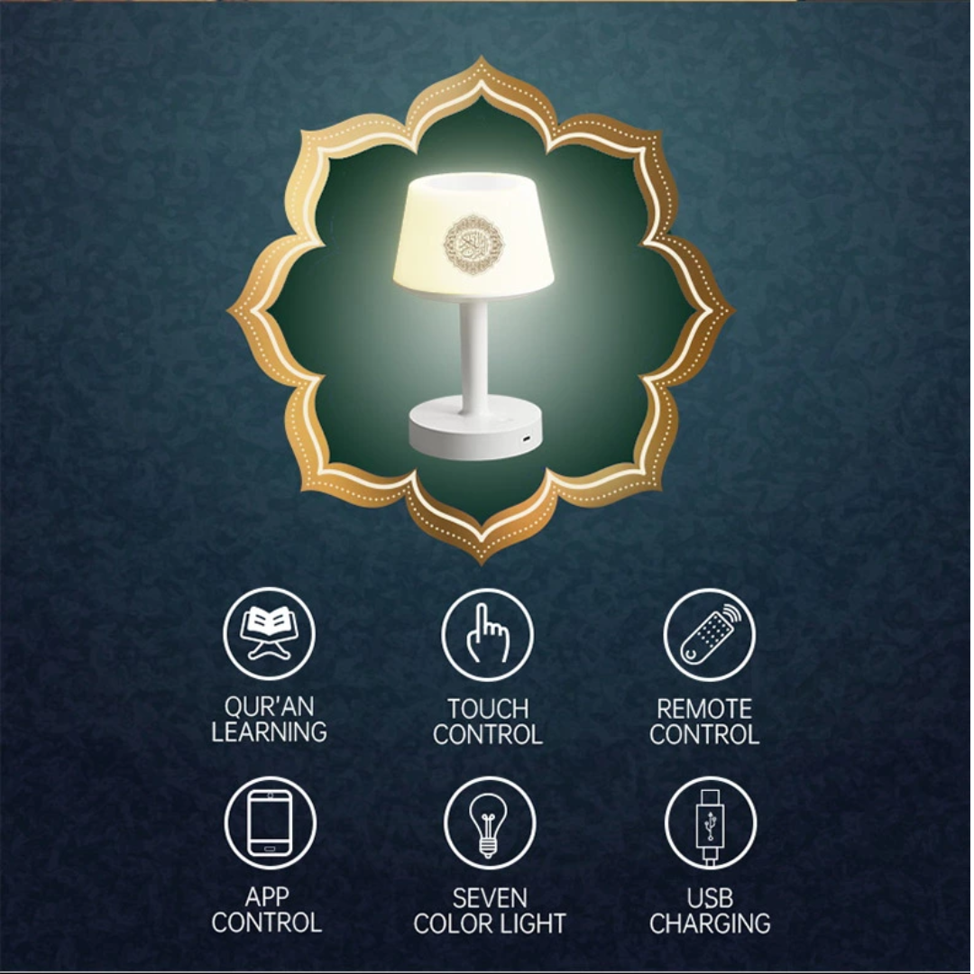 Veilleuse Lampe Coranique Intelligente avec Azan, Horloge & Haut-Parleur Bluetooth